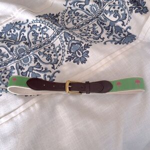 Lily Pulitzer belt like green pink palm trees leather and brass buckle 30”
